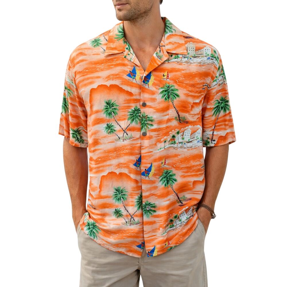 Vintage Ocean Current Hawaiian Shirt Men’s Large Orange Palm Tree Beach Surf